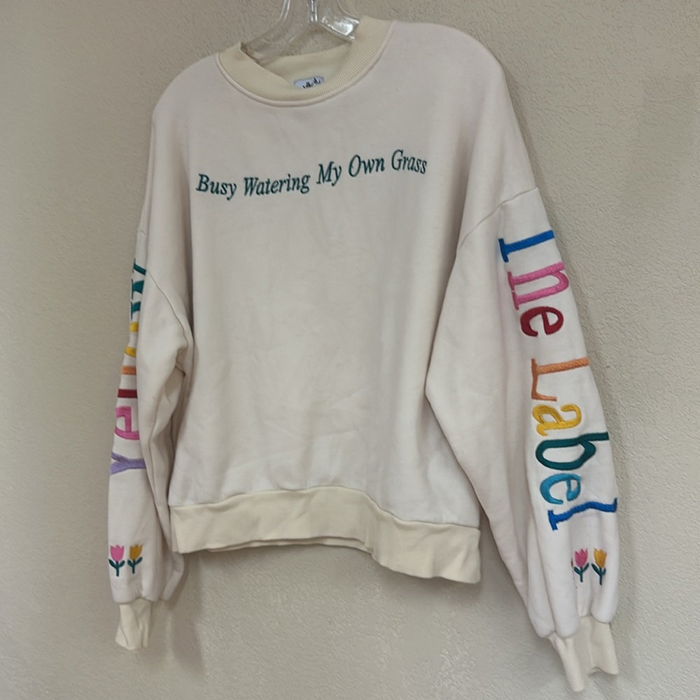 Cream Crewneck Sweatshirt w/ Rainbow Lettering & Embroidered Floral Accents - Picture 4 of 7